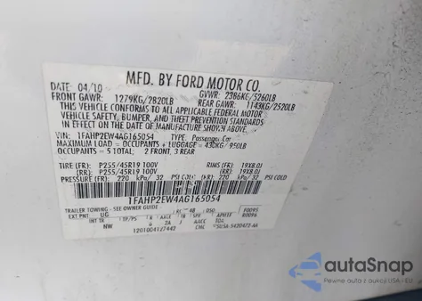 2010 Ford Taurus Sel из США, поврежденный, VIN 1FAHP2EW4AG165054